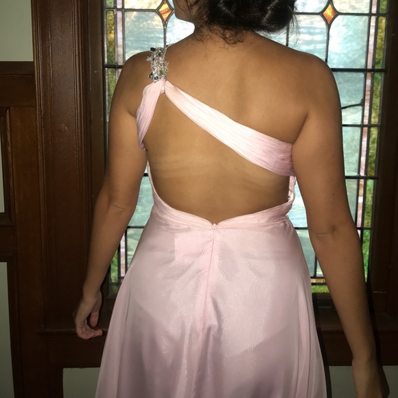 Long one headed shoulder pink prom dress - Picture 2 of 6
